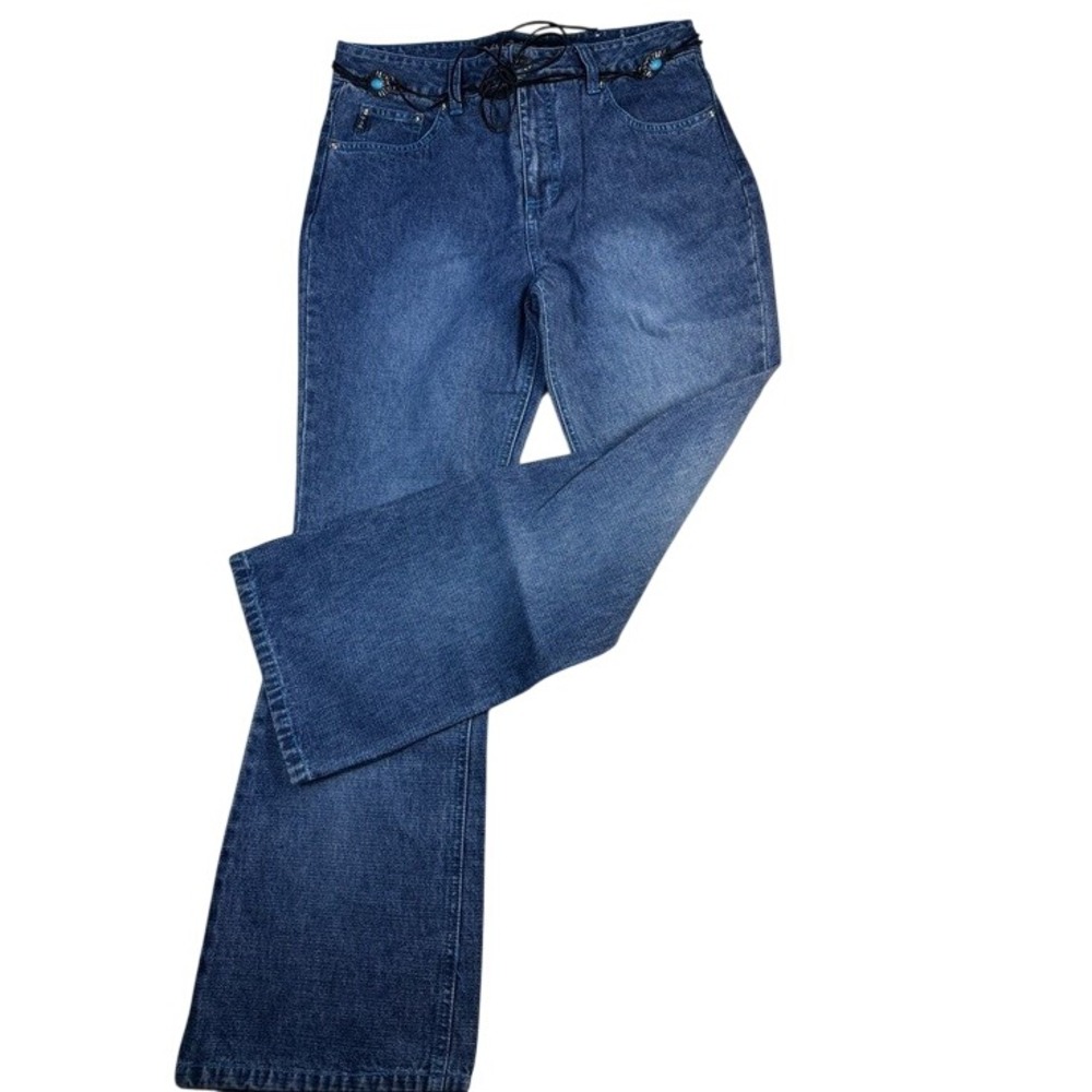Mudd Flare Jeans Medium Wash Denim Y2K Turquoise Accent Belt High Rise Size 14.5